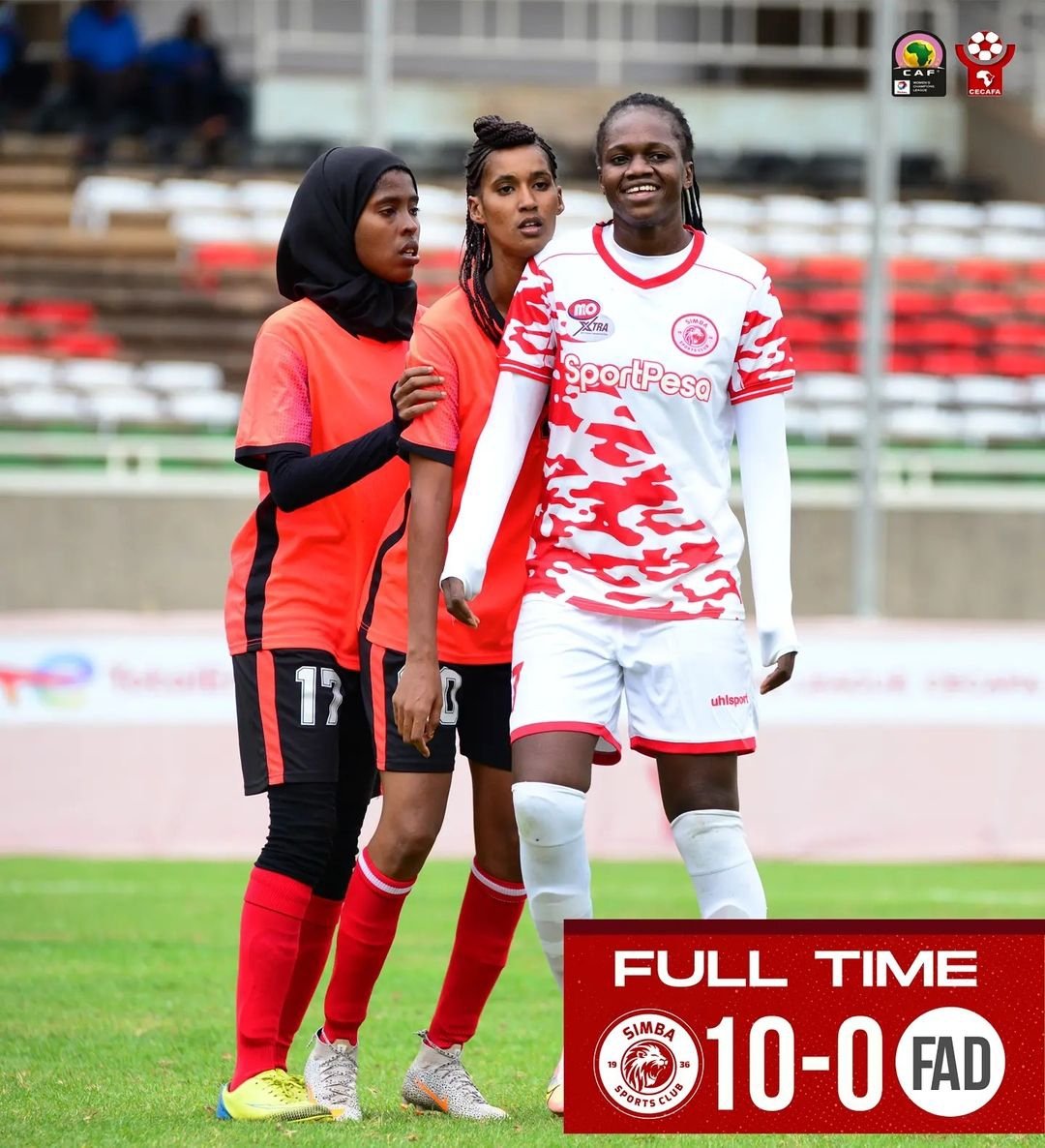 BoiplusMedia's tweet photo. Full Time:
Simba Queens 10-0 FAD FC
⚽⚽⚽Mawete Musolo 5',38',46'
⚽⚽⚽Opa Clement 20',44',50'
⚽⚽Aisha Juma 28',35'
⚽⚽Asha Jaffar 31', 86'
#WCL2021QCECAFA
#SimbaQueens #FADFC
#BoiplusUpdates https://t.co/AaNsGZx5Hp