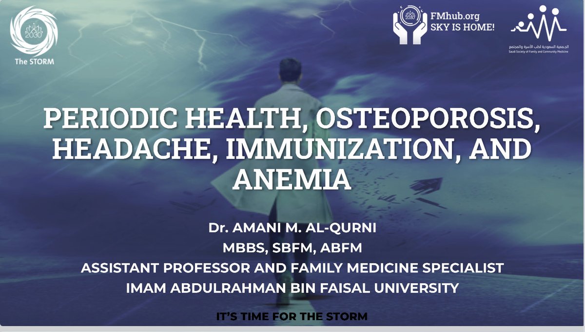 Fmhub_org's tweet photo. #يحدث_الآن 

🌪Day 2

🌪 PERIODIC HEALTH, OSTEOPOROSIS, HEADACHE, IMMUNIZATION, AND ANEMIA

🌪 Dr. AMANI M. AL-QURNI.

 #TheStorm 

#Study_Together

#Sky_Is_Home https://t.co/rRhtBZ7guz