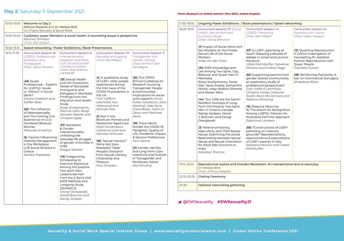 🚨Have you seen our amazing Global Online Conference programme? You can still register and follow #SWSexuality21 

🔗 Visit sexualityandsocialwork.com/conference #SocialWork #Sexuality #LGBT <a href="/AlfPezzella/">Alfonso Pezzella</a> <a href="/birdgirl1001/">Dr. Melissa Bird</a>
