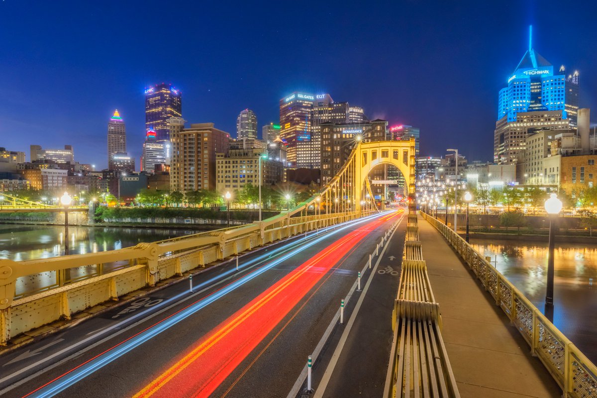 Sometimes all you need is a little change in perspective. Climbed up (not that high, don't worry) on the Clemente Bridge this morning, and captured some light trails streaking across the bridge with #Pittsburgh glowing in the background. Made for a beautiful start to the weekend.