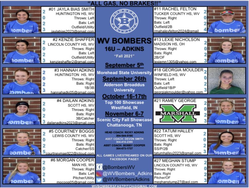 Player profile sheet with Fall Tentative Schedule.  These are locked in, looking to add a couple more events on college campuses!  DMs are open.  💙🤍🖤💣 #bombernation