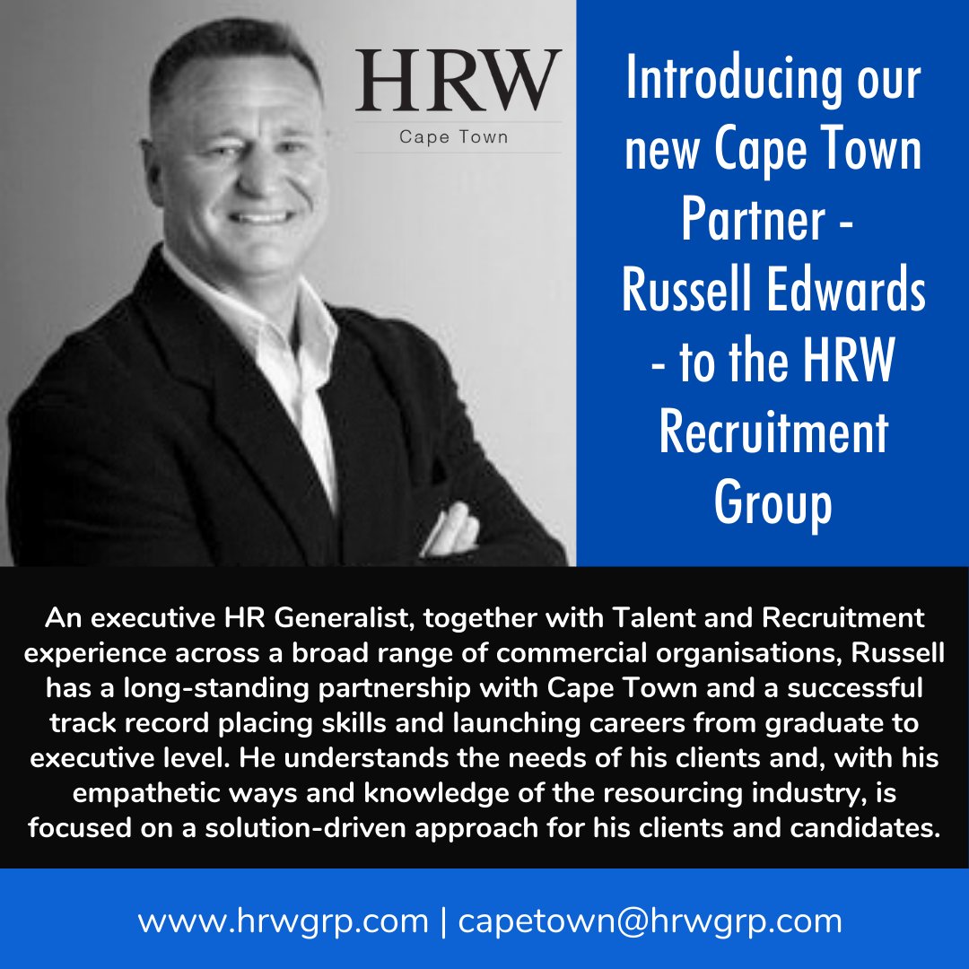 INTRODUCING HRW CAPE TOWN!
New to the HRW Recruitment Group.

#hrwrecruitmentgroup
#recruitment
#hrwcapetown
#RussellEdwards
#executive
#Talent
#industry
#partner