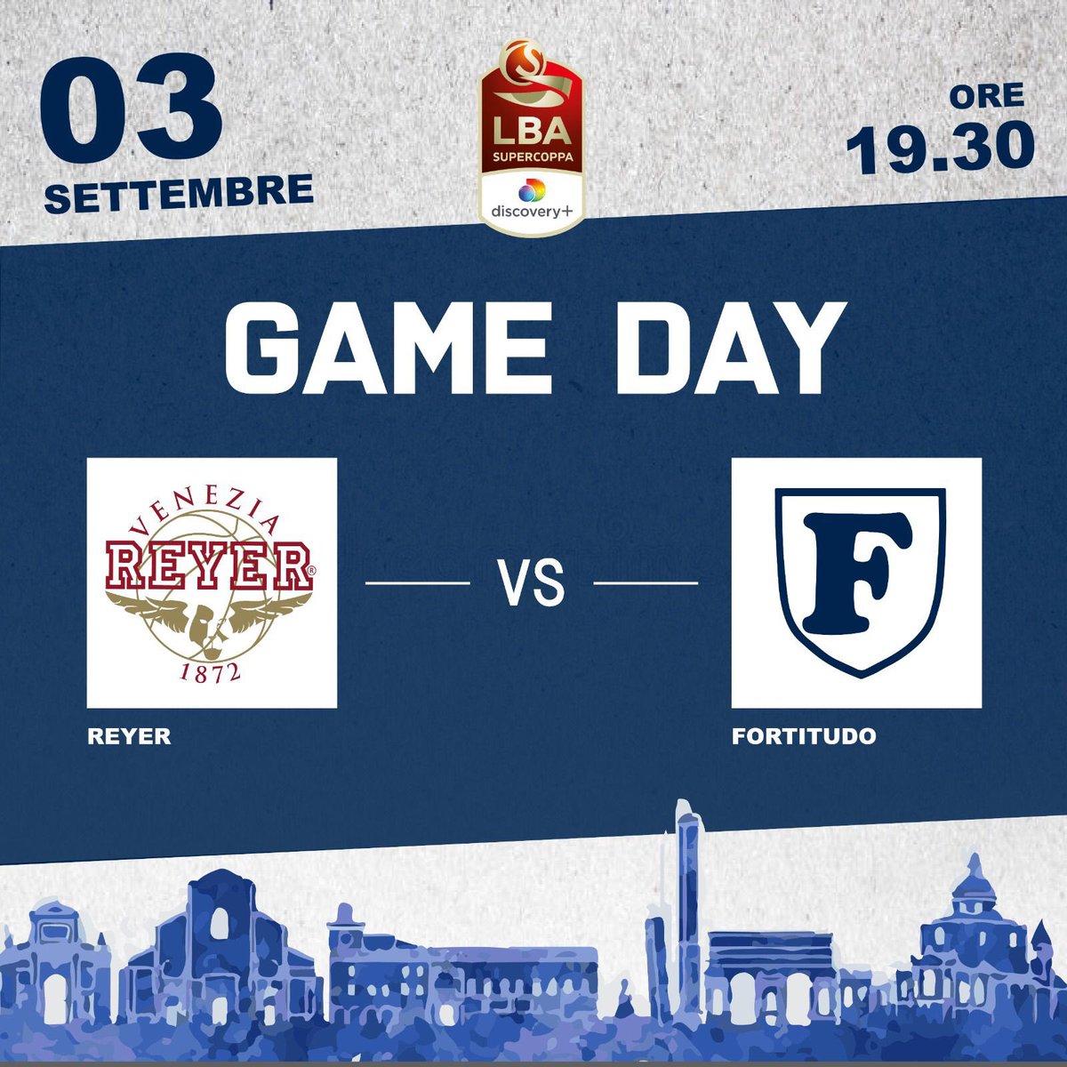 🏀 GAMEDAY ⚪️🔵 Fortitudo in campo a Venezia per la prima partita della Discovery+ Supercoppa 2021 presented by UnipolSai👇🏻 🕢 19:30 📍 Taliercio 🆚 @REYER1872 🖥 @discoveryplusIT 🎙 @nettunobologna1 #SoloLaEffe ⚪️🔵 #ritornoalfuturo @LegaBasketA