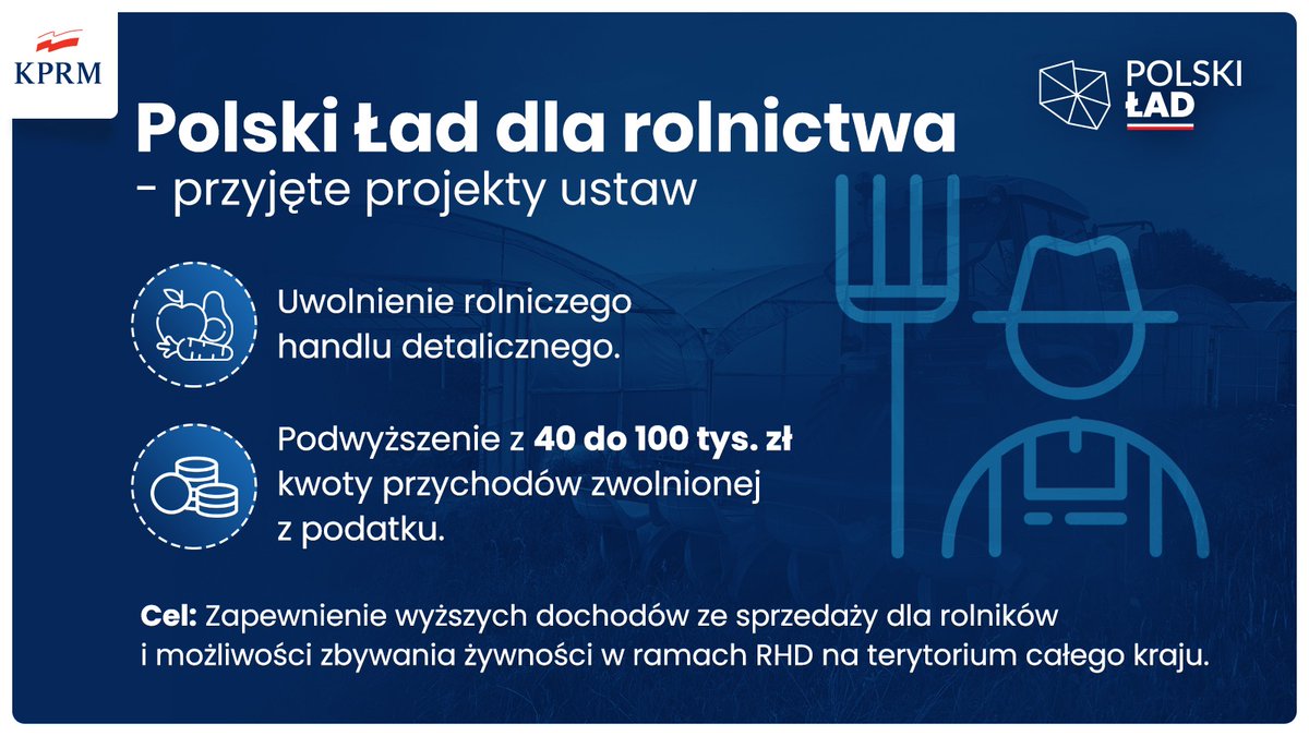 PolskiLad_PiS's tweet photo. 🚜#PaliwoDlaRolnika
🐄#SprzedażBezpośrednia
🌾#OdPolaDoStołu
➡️Status: ✅ Rada Ministrów przyjęła projekty ustaw 30 lipca 2021 r.
🗓️Termin wejścia w życie: 1 stycznia 2022 r.
🇵🇱#PolskiŁad
#10ProjektówNa100Dni https://t.co/46dPlo2TfH