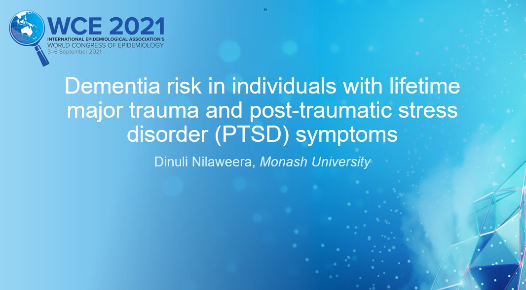 Check out my on demand presentation at the #WCEpi2021 conference on 'Dementia risk in individuals with lifetime major trauma and PTSD symptoms'. Publication available here: pubmed.ncbi.nlm.nih.gov/33075651/ #BNDTeam