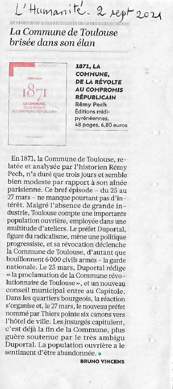 edimip's tweet photo. A propos de la Commune de 1871 à Toulouse dans l'@humanite_fr d'hier : "La population ouvrière a l'impression d'être abandonnée."
#150ansCommune #Toulouse https://t.co/AFl30Z39jy