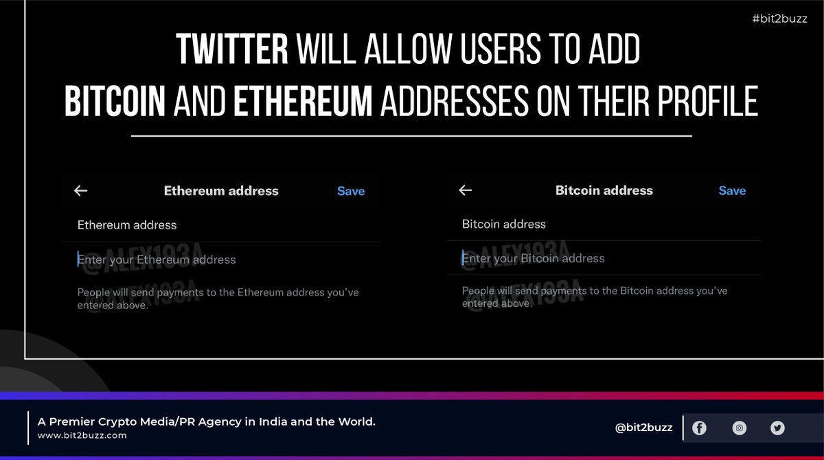 Bit2Buzz's tweet image. Twitter will allow users to add Bitcoin and Ethereum addresses to their profiles.

#bit2buzz #Bitcoin #Crypto #CryptoNews #bitcoinnews