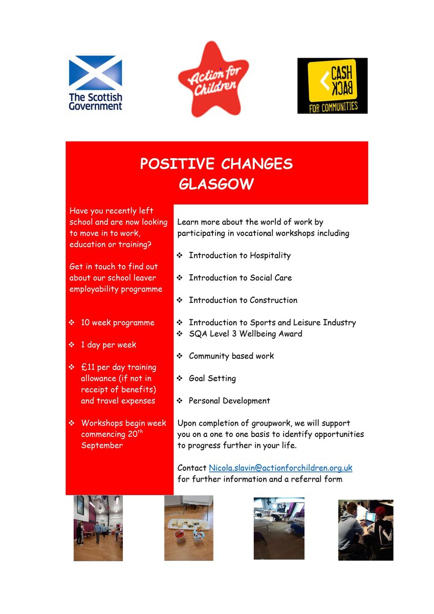 ngha_community's tweet photo. Just left school? Looking for some extra support? Great opportunity here with new partners &amp; friends @employability_s 
New programme starting soon in north Glasgow - x1 day p/week &amp; LOADS of learning &amp; direction
Looks GREAT - whats to lose...? 
#ngactive #changinglives https://t.co/95SkQPRsFG