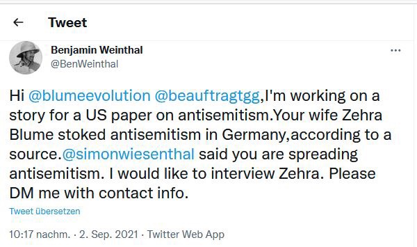 beauftragtgg's tweet photo. @TeamSnolly @BenWeinthal @UniofOxford @ISGAP1 @simonwiesenthal @rtopitsch @Mirjam_Fischer @aniho91 @EliyahHavemann @UniCambridge Mr. #Weinthal is now harassing &amp; threatening the wife of Dr. Blume in a racist way, using various media including Twitter &amp; sending her insulting mails. Interesting to see who is standing by while talking abstractly about „civil courage“ in the face of #hate. https://t.co/y4Bjtv9bxR