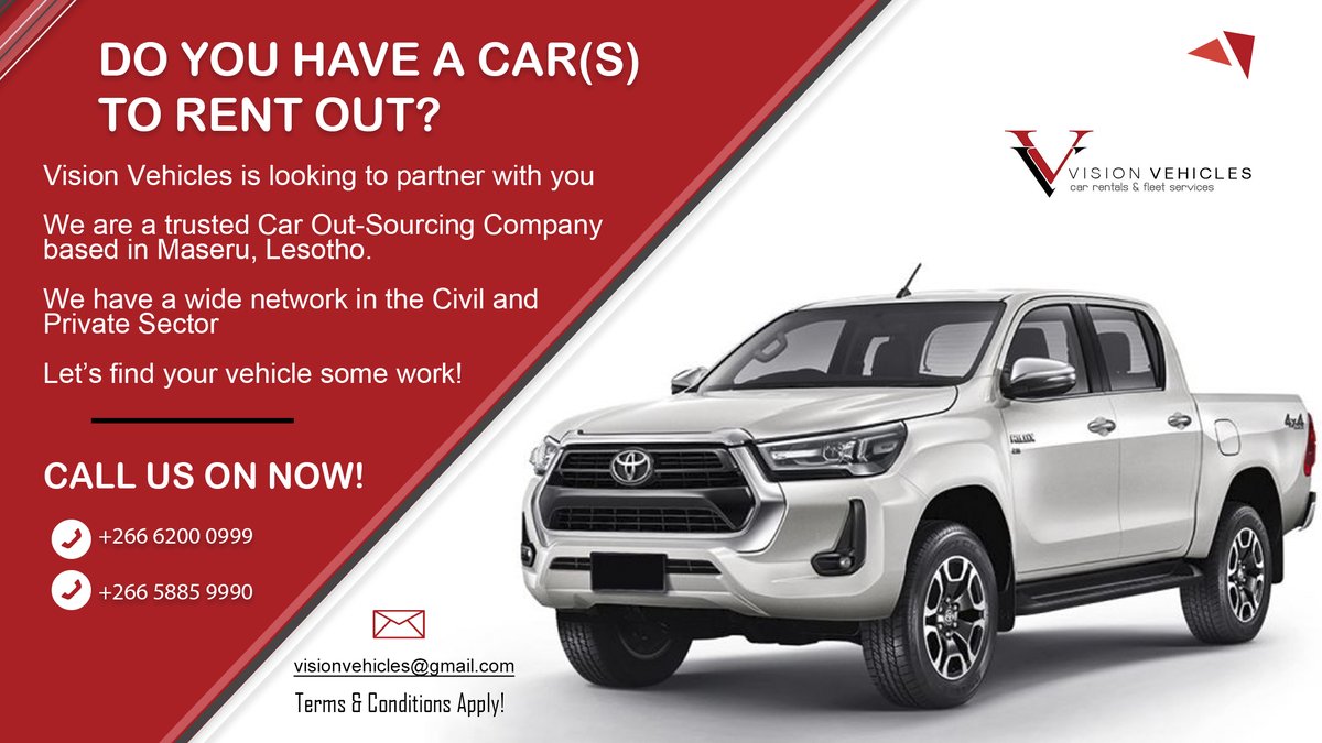VisionVehicles9's tweet image. 📢 Do you own a car/vehicles that you would like to rent/lease out?
📢 Is it insured?
📢 Is it still in good condition?

Try us today.. 
Call: 6200 0999 / 5885 9990
WhatsApp us on: +266 6392 4254 or 
Email us @: visionvehicles@gmail.com
Facebook: facebook.com/vision.vehicles