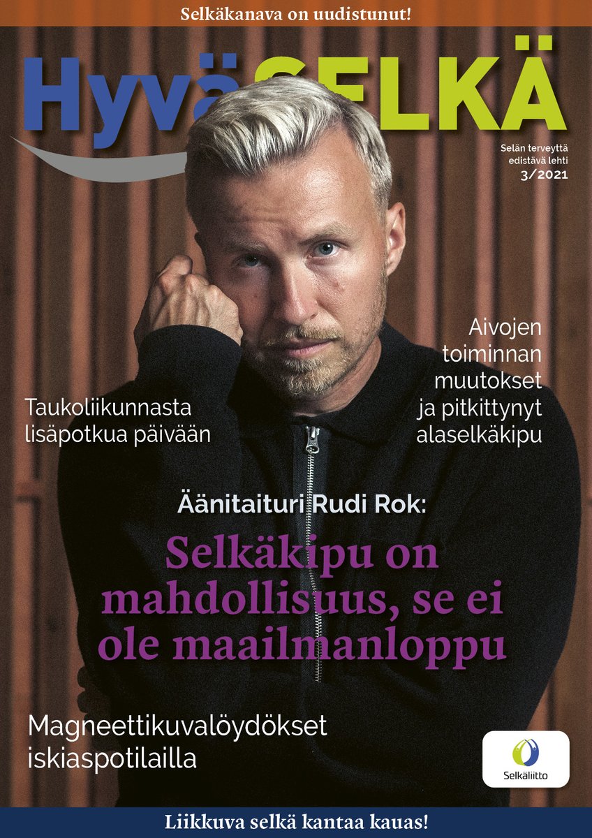 Selkaliitto's tweet photo. Syksyn #HyväSelkä-lehti on ilmestynyt! Äänitaituri @rudirok kertoo, miten selkäkipu avasi hänelle mahdollisuuden uuteen uraan. Muita aiheita mm. aivot ja pitkittynyt alaselkäkipu, magneettikuvalöydökset iskiaspotilailla ja taukoliikunta. #liikkuvaselkä #selkäyhdistykset #jäsenetu https://t.co/oAVPYsHBQm