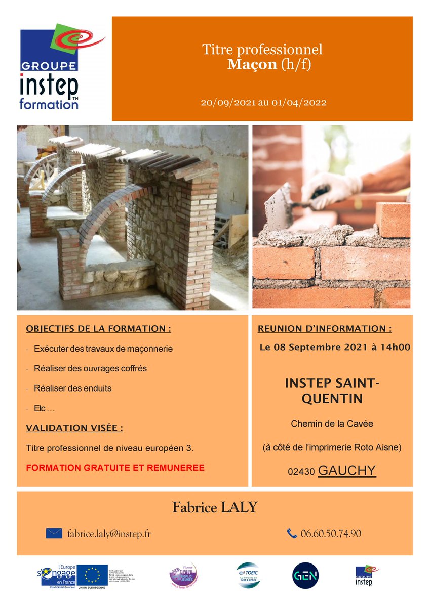 📣 Une Réunion d'Information est prévue le 08 Septembre 2021 à 14h00 📣

👷 𝑻𝒊𝒕𝒓𝒆 𝒑𝒓𝒐𝒇𝒆𝒔𝒔𝒊𝒐𝒏𝒏𝒆𝒍 𝑴𝒂ç𝒐𝒏
📆20/09/2021 au 01/04/2022
✅ Titre Pro de niveau européen 3
🤝 Formation gratuite et rémunérée

Plus d'infos ⤵
📱06.60.50.74.90 
✉️fabrice.laly@instep.fr