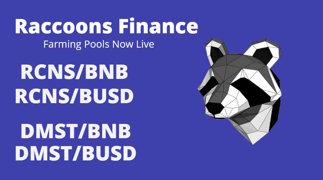 We are happy to announce the launch Raccoons.finance

You can now farm/stake your RCNS/DMST LP

We want to make this new project break the internet, make it something worthy of your precious time,

Wait for more

$RCNS