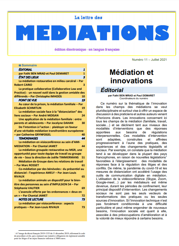 ANMmediation's tweet photo. L'ANM vous invite à lire le dernier n° de la Lettre des Médiations

Découvrez le N° 11 - Juillet 2021 - Médiation et innovations

https://t.co/HnrZTo0arp

@jpbsmediation
 #VendrediLecture #lettre #Médiation #médiateur #innovation https://t.co/CuP7kz3tCF