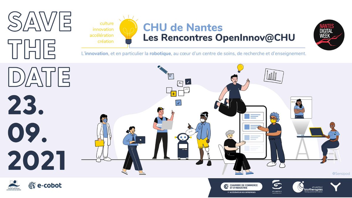 RDV le 23/09 pour les rencontres OpenInnov@CHU, de 9h à 13h, sur YouTube. L'occasion de revenir sur les finalistes de l'appel à idées Innovation et de parler #robotique à l'hôpital. Infos et inscriptions:  urlz.fr/goa8 #NantesDigitalW #Nantes