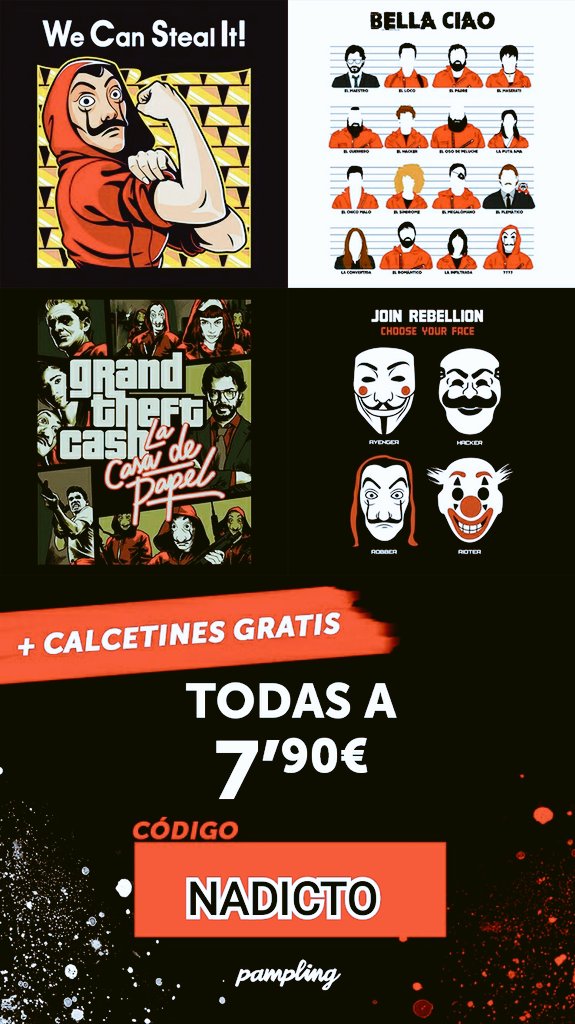 Netflix_adictos's tweet photo. Hoy se estrena nuevos capítulos de #LaCasaDePapel #LCDP4 y nosotros lo queremos celebrar con @PamplingNews . Diseños basados en nuestra serie favorita de oferta y si usas nuestro código "NADICTO" os lleváis calcetines de regalo. ¿Os lo vais a perder?

🔽🔽
https://t.co/VAGRVSRsCu https://t.co/THhmqmUcJd