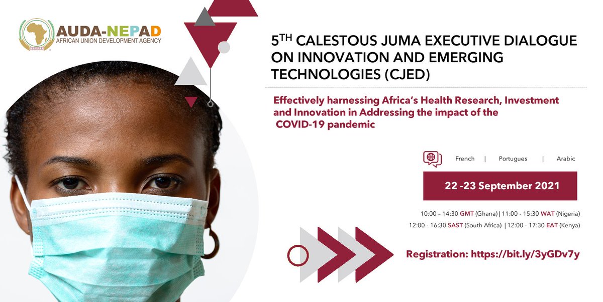 Announcing the 5th Calestous Juma Executive Dialogue on Innovation &amp; Emerging Technologies #CJED
Theme: Effectively harnessing Africa’s Health Research, Investment and Innovation in Addressing the impact of #COVID19 
@barbsglover
Registration is open at: zoom.us/meeting/regist…