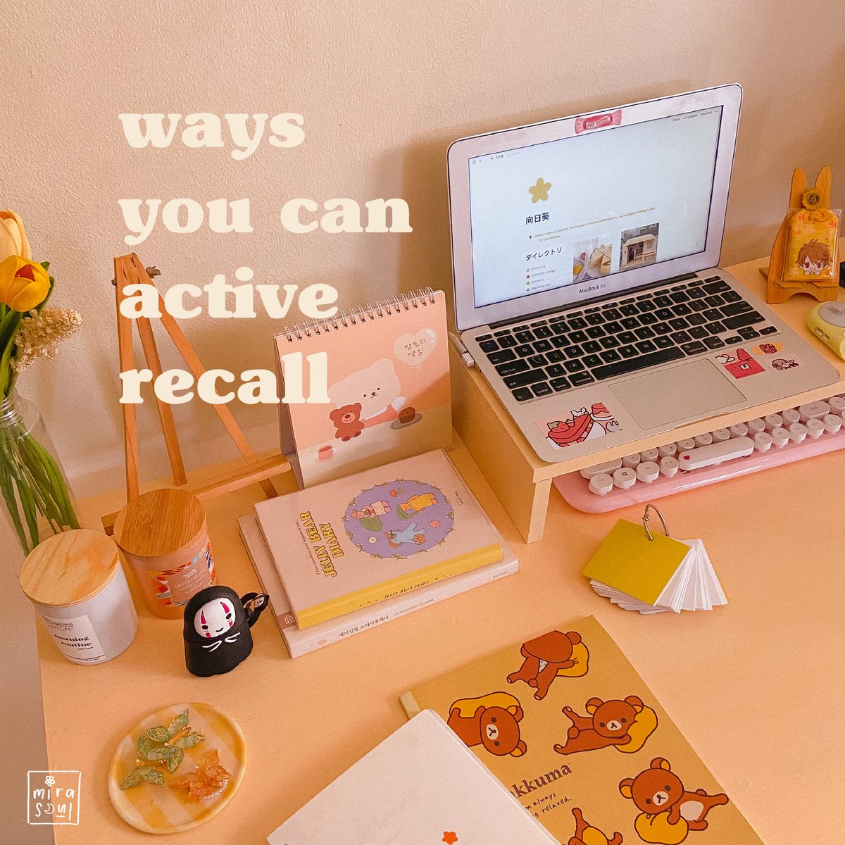 bymirasoul's tweet image. — ways you can active recall
Are you tired of passively rereading & rewriting notes? Do you want to spice up your study session & make it more fun? Want to make your brain more active? Here are ways you can active recall and remember what you’re studying much more efficiently 💛