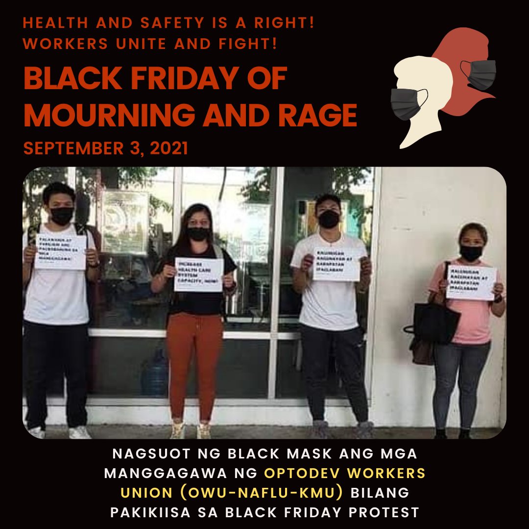 iohsadph's tweet photo. Nagsuot ng black Mask ang mga manggagawa ng Optodev Workers Union (OWU-NAFLU-KMU) bilang pakikiisa sa Black Friday of Mourning and Rage. #ProtectTheWorkers #BlackFridayProtest #SafeWorkplacesNow #StopTheAttacks #WorkersFightBack @kilusangmayouno https://t.co/yGitXhkitf