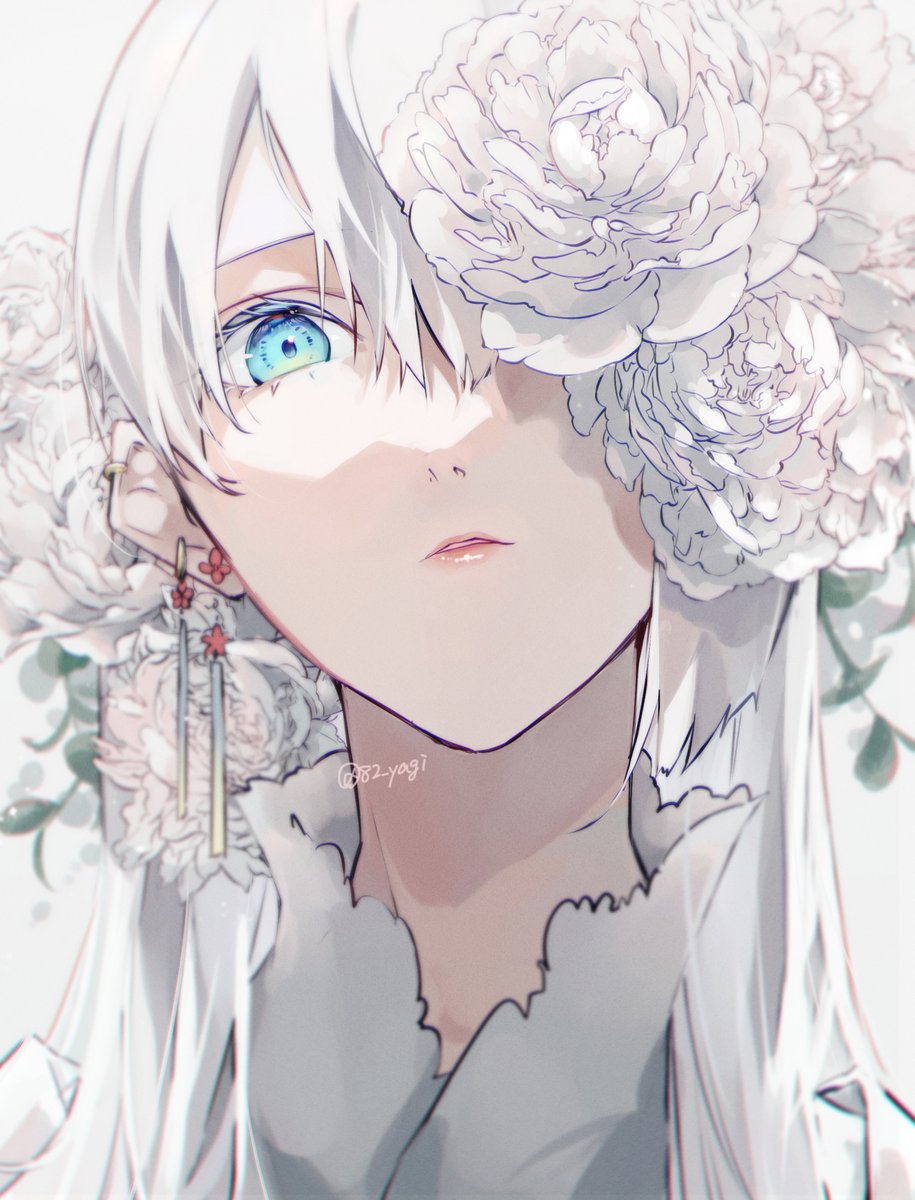 white hair solo flower earrings jewelry white flower blue eyes  illustration images