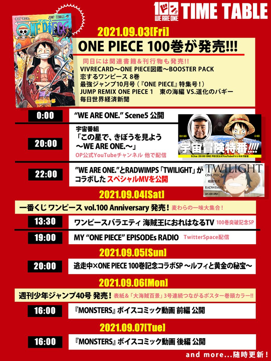 One Piece スタッフ 公式 Official 100巻パーリー タイムテーブル更新しました 今宵はみんなで宴だァ まずは時の宇宙特番 T Co Pcll8t5nsf Weareone Onepiece100 Onepiece Onepiece100巻 ワンピース ワンピース