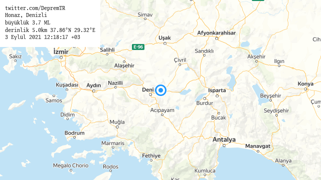 DepremTR's tweet photo. Honaz, Denizli
büyüklük 3.7 ML (4 dk önce)
derinlik 5.0km 37.86°N 29.32°E
3 Eylül 2021 12:18:17 +03
#deprem https://t.co/5RMtwqr6KK