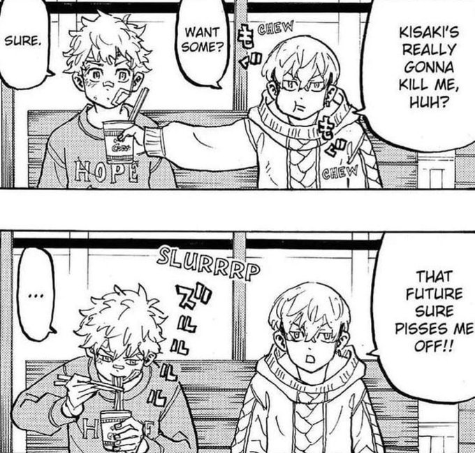 the way takemichi could have easily told chifuyu it was kazutora who attempted to save him from kisaki here .. 😩 gonna assume he did anyways 🙏 wakui is just being a lil shy 