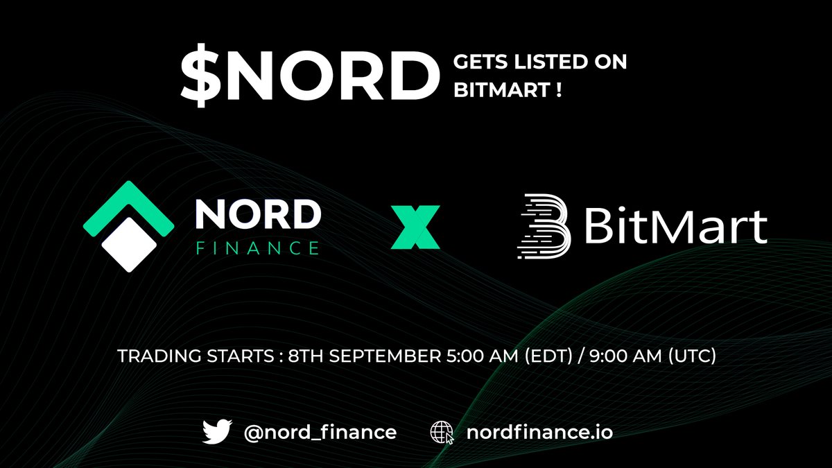 Nord_Finance's tweet photo. 🎉 $NORD Gets Listed on BitMart!

BitMart will list NORD Finance (NORD)  on September 8, 2021. The following trading pair will be available: NORD/USDT.  

Deposit feature: Sept 7th 9:00 AM (UTC)
Trade feature: Sept 8th 9:00 AM (UTC)

Read More: https://t.co/s1oThP1GAE

#Crypto https://t.co/UzqFEh2XcL