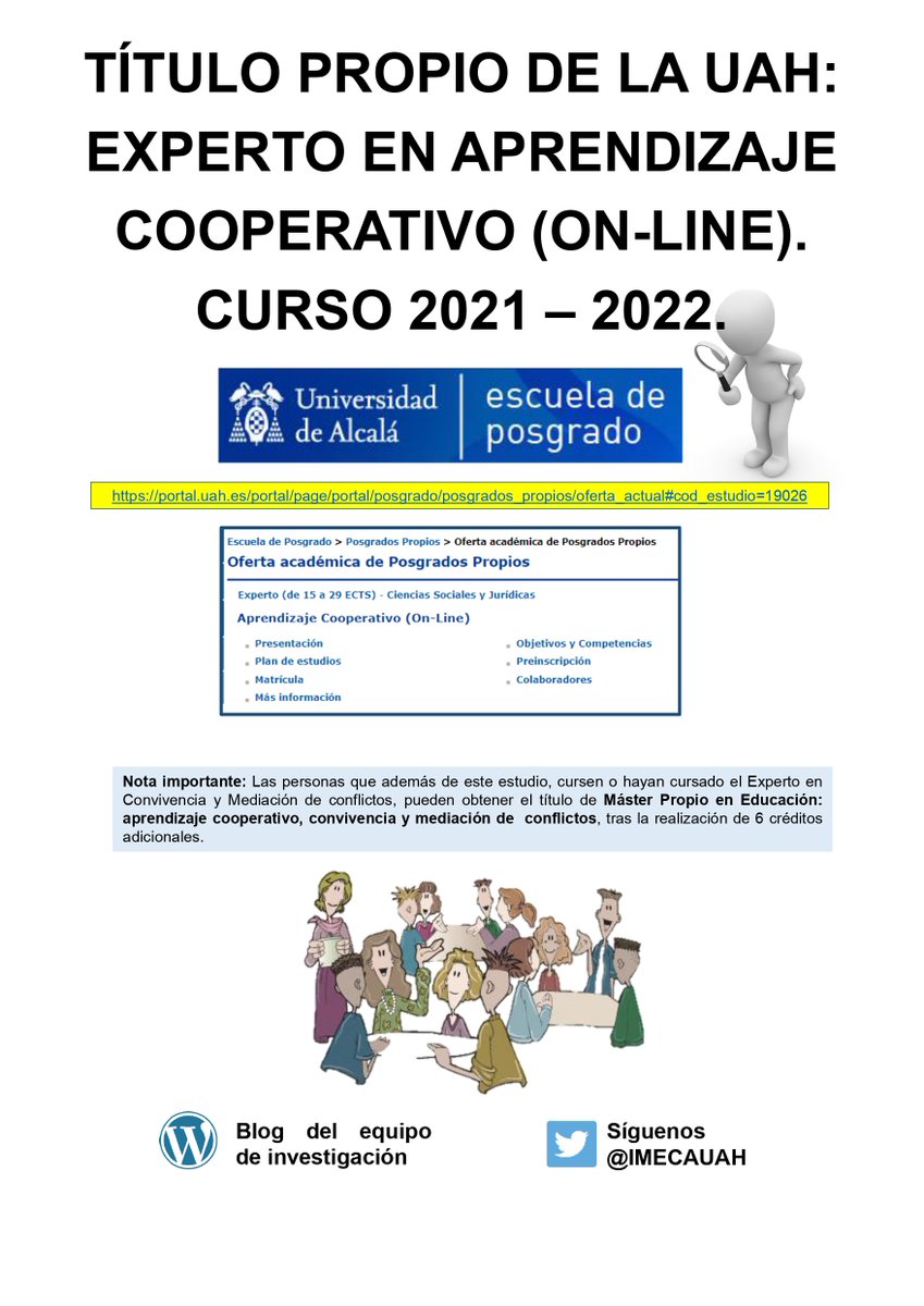 IMECAUAH's tweet photo. ¡¡Abierto el plazo de preinscripción hasta el 8 de septiembre!! en el Experto en Aprendizaje Cooperativo de la UAH. La información viene de la mano de su director Juan Carlos Torrego Seijo: https://t.co/NFEp5AYgol; así como en el blog de IMECA: https://t.co/r0SwDh5SsA https://t.co/eeo0uhJ2oE