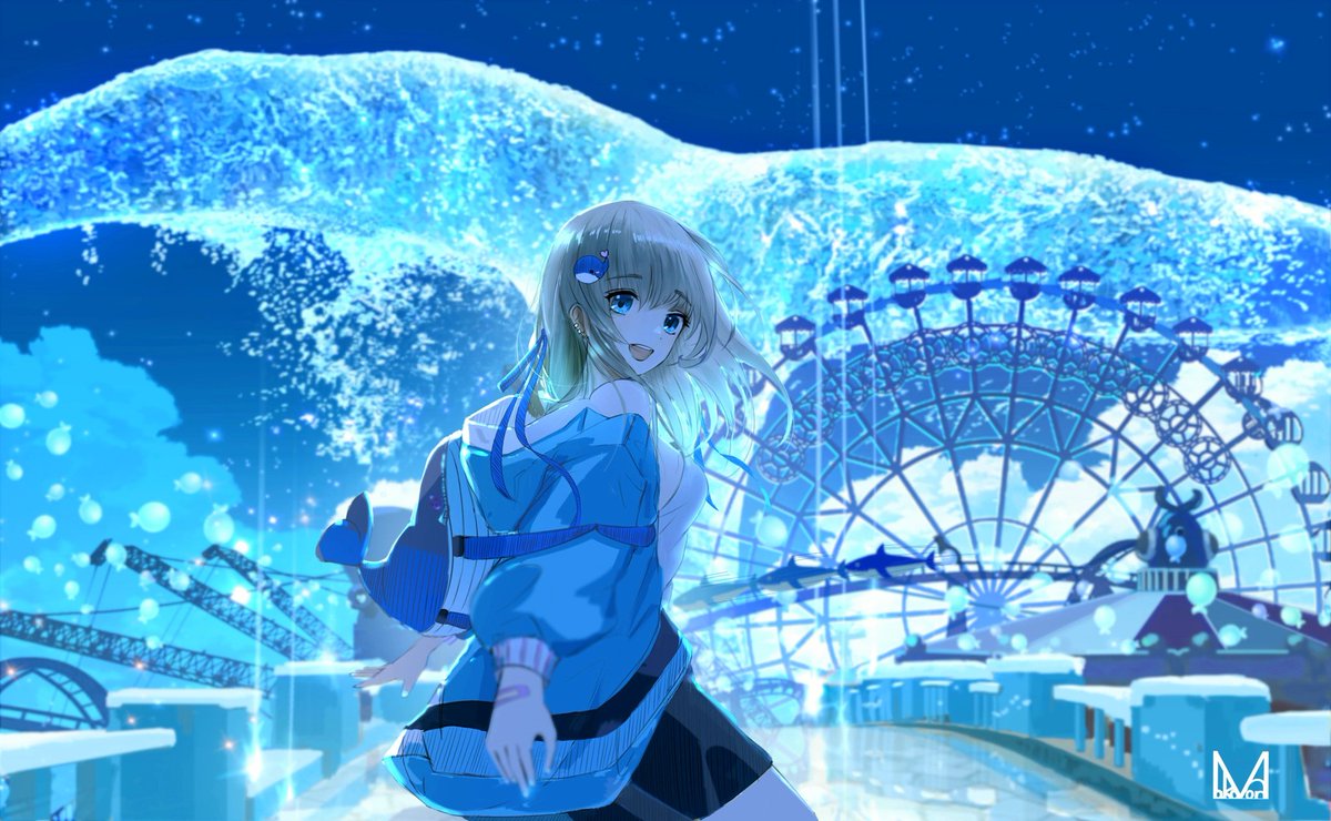 1girl ferris wheel solo jacket blue eyes hair ornament looking at viewer  illustration images