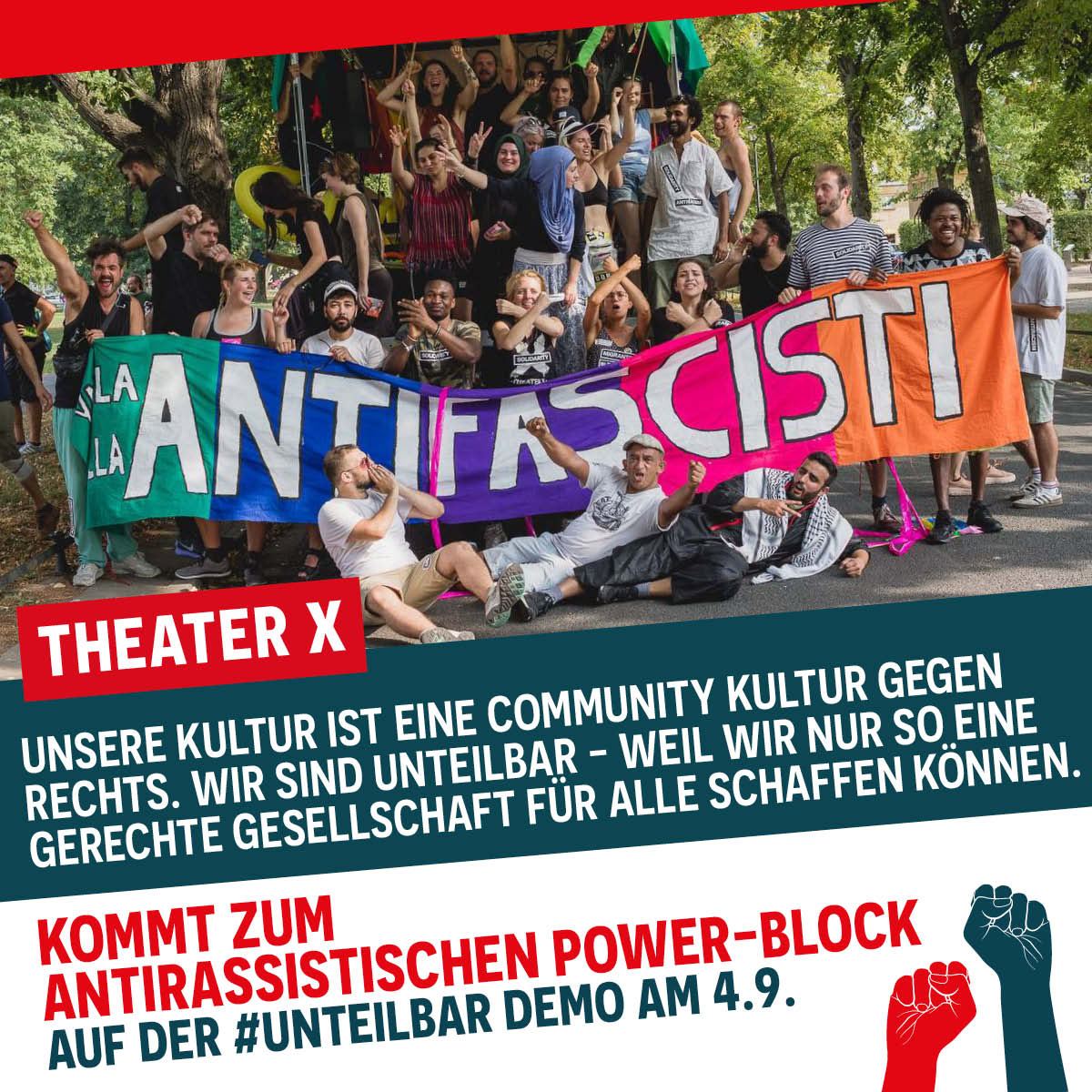 antira_aktion's tweet photo. Auch das @THEATERXberlin ruft auf zum Antirassistischen Power-Block auf der Demo morgen. Für eine Community Kultur gegen Rechts! Wir sind #Unteilbar #Mehr2015 #antirassistischekämpfeverbinden https://t.co/eKffThFjhz