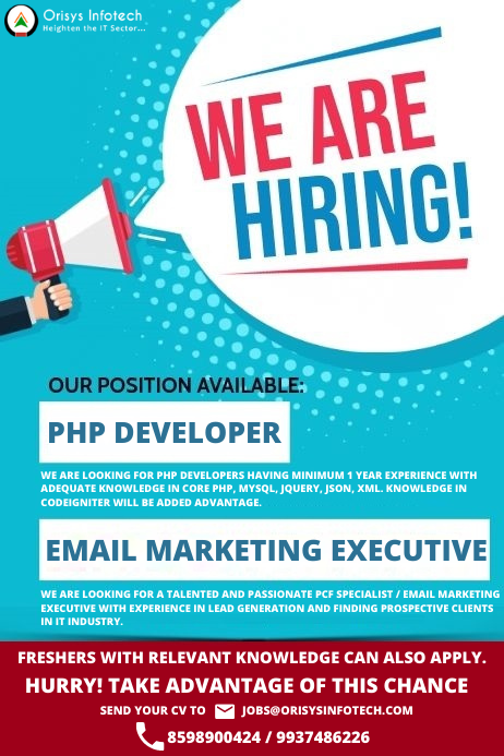Orisys_infotech's tweet image. 📢 Requirement for PHP Developer & for Email Marketing Executive 📢
#softwaredevelopmentjob #phpdeveloperjobs #websitedevelopmentjob #SoftwareDevelopmentCompanyIndia #Softwaredevelopmentcompanybhubaneswar #PCFVacancy #PCFJob #emailmarketing #emailmarketingspecialist #job