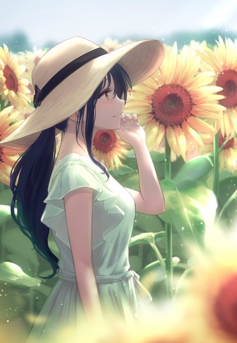 1girl flower hat solo sunflower dress outdoors  illustration images