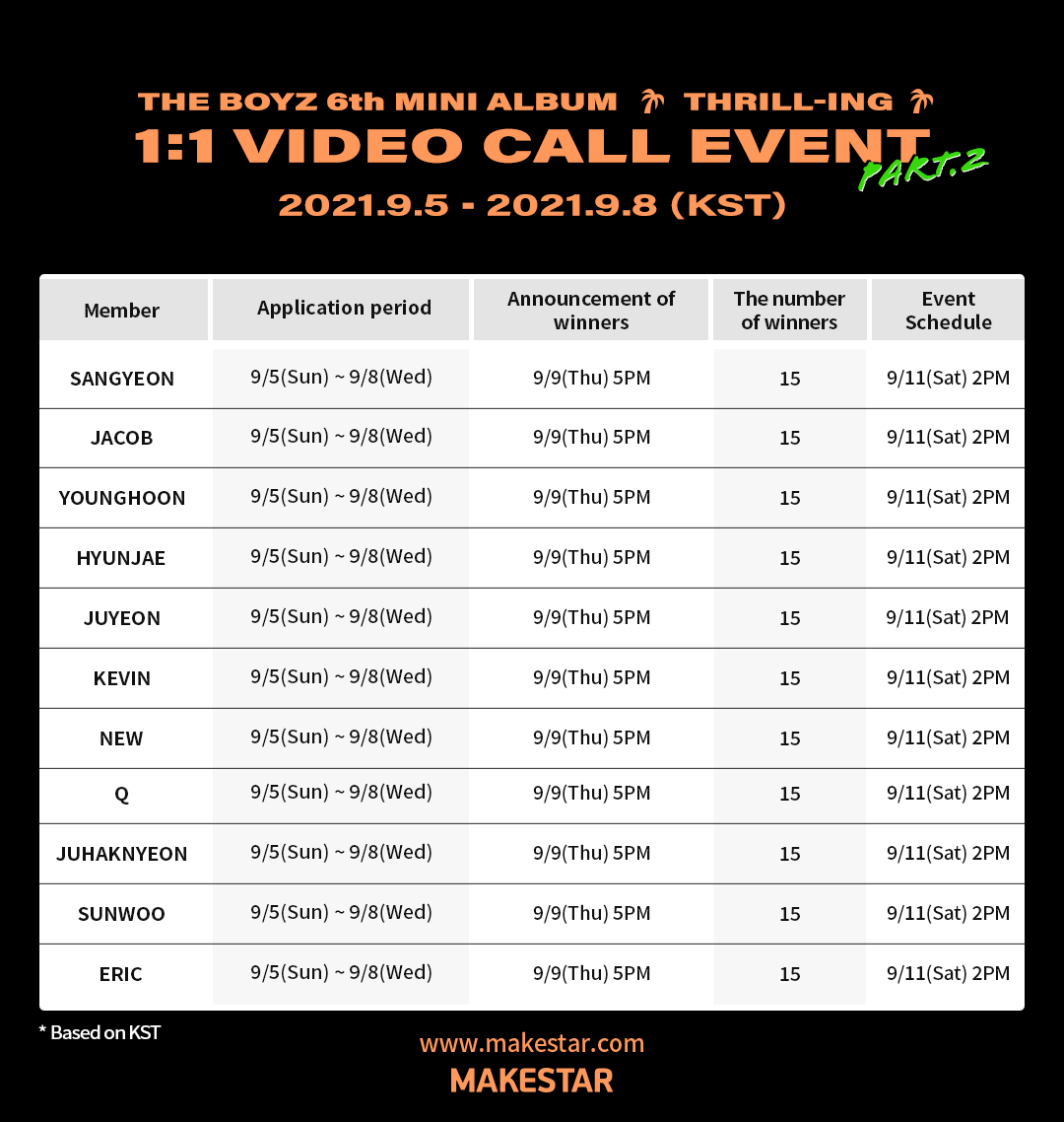 Makestarcorp's tweet photo. #THEBOYZ #더보이즈_THRILL_RIDE 
THE BOYZ [THRILL-ING] 1:1 Video Call Event Part.2

🥰응모한 멤버와의 1:1 영상통화
🥰멬스 한정 미공개 포토카드
🥰사인 폴라 증정 (영통, PR 당첨자)

📅2021.09.05 ~ 2021.09.08 (KST)
🔗https://t.co/So2j11ZNN6 https://t.co/x0gELuGp8k