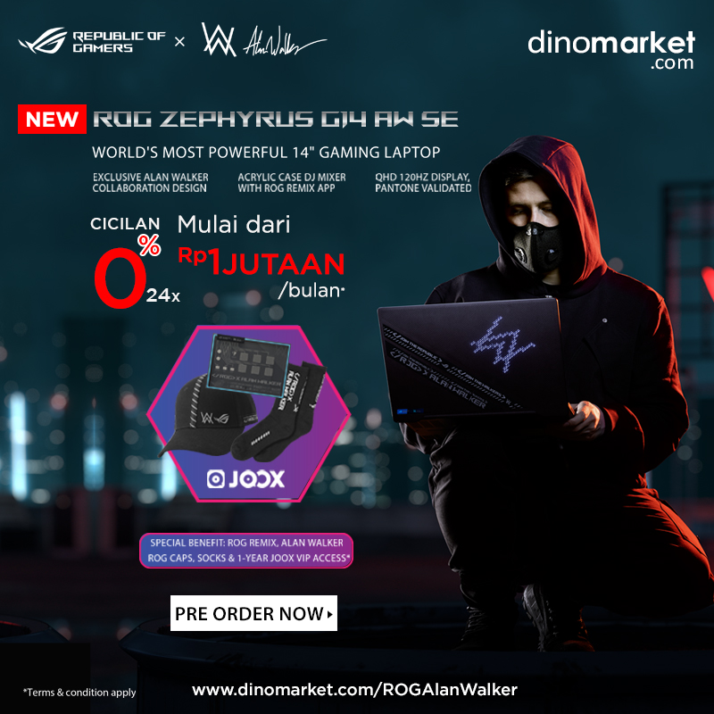 DINOMARKET's tweet image. NEW Asus ROG Zephyrus G14 Alan Walker Edition
.
BENEFIT 2 JUTA ROG Remix &amp;amp; Bundle ROG Alan Walker Caps &amp;amp; Socks, klik di sini : dinomarket.com/ROGAlanWalker
.
Lebih mudah tanya dan belanja melalui chat whatsapp di nomor 0811-11-3466
.
#ROGZephyrusG14 #AsusAlanWalker #ROGAlanWalker