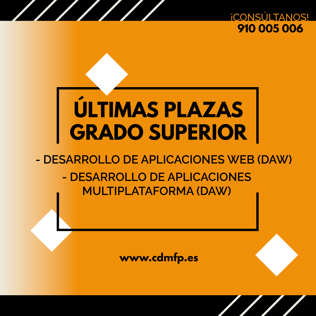 cdm_fp's tweet photo. 🗣️¡¡ÚLTIMAS PLAZAS!!

Nos quedan los últimos huecos 😱 para nuestros dos grados superiores más demandados:
- Grado Superior en Desarrollo de Aplicaciones Web (#DAW)
- Grado Superior en Desarrollo de Aplicaciones Multiplataforma (#DAM)

Consúltanos sin compromiso: 📞 910 005 006 https://t.co/U8vHdtDzQQ