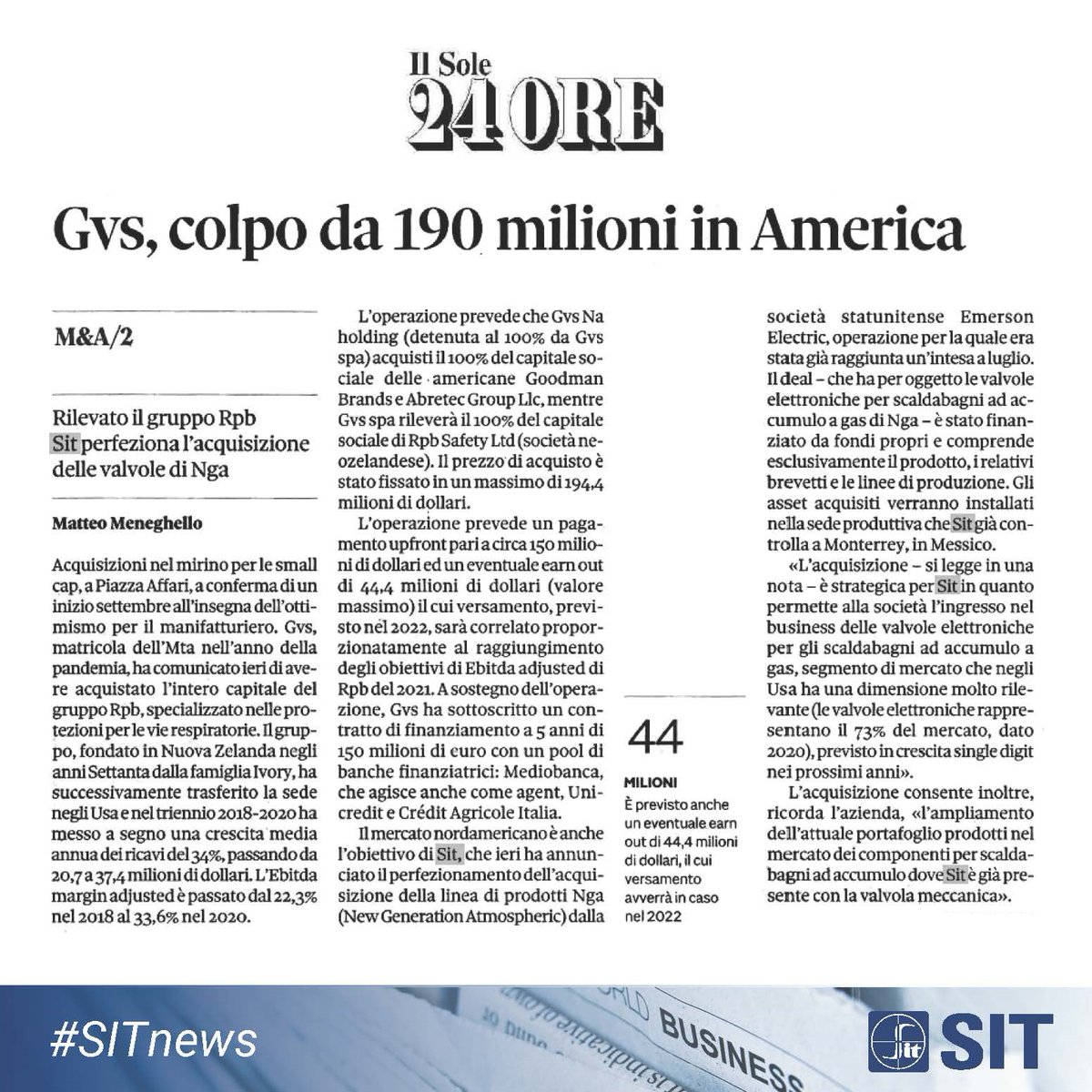 #parlanodinoi SIT perfeziona il closing della product line NGA da Emerson Electric. Condividiamo l’articolo di ieri de @sole24ore. #SITPressRelease