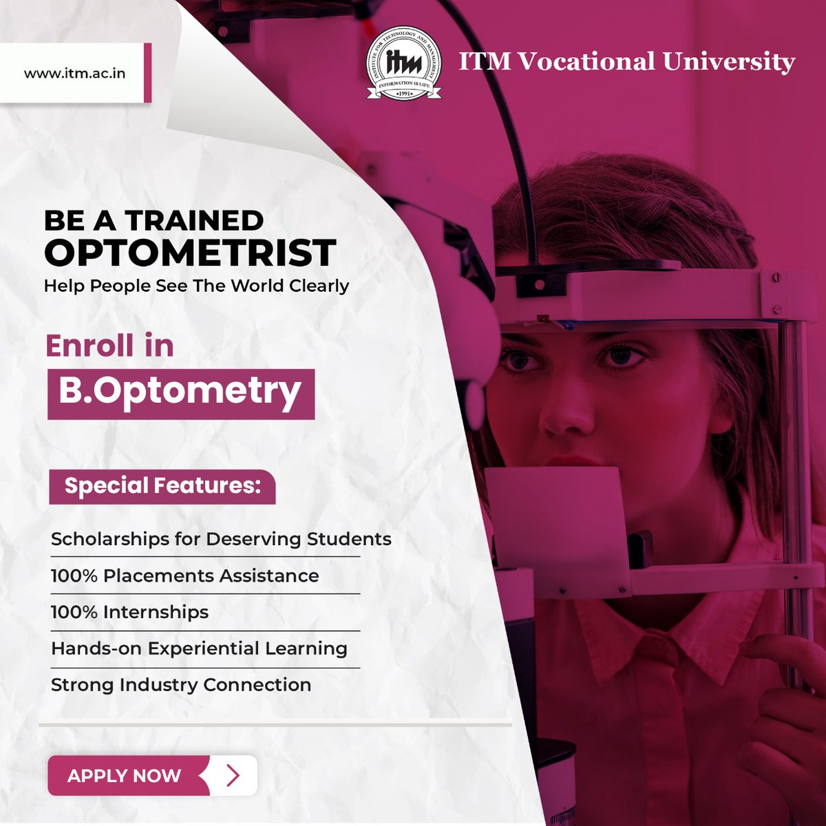 ITMInstitutes's tweet image. Our curriculum offers you the opportunity to develop your professional knowledge to be a specialist in the field.

To enroll: itm.ac.in

#ITMVocationalUniversity #studyoptometry #studyOptometryinVadodara #BestOptometrycourse #Optometrist #BOpto #UG #admissionsOpen