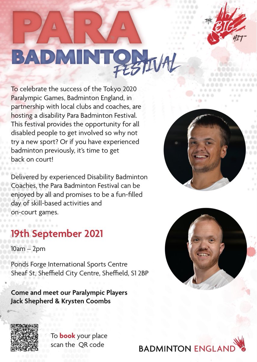 📣 Sheffield Para Badminton Festival 📣

Come and join us on Sunday 19th September for a fun-filled day of badminton activities &amp; games! 

All disabilities welcome &amp; includes the opportunity to meet Paralympians <a href="/JackShephard25/">Jack Shephard</a> &amp; <a href="/krysten_coombs/">Krysten Coombs</a>! 🏸