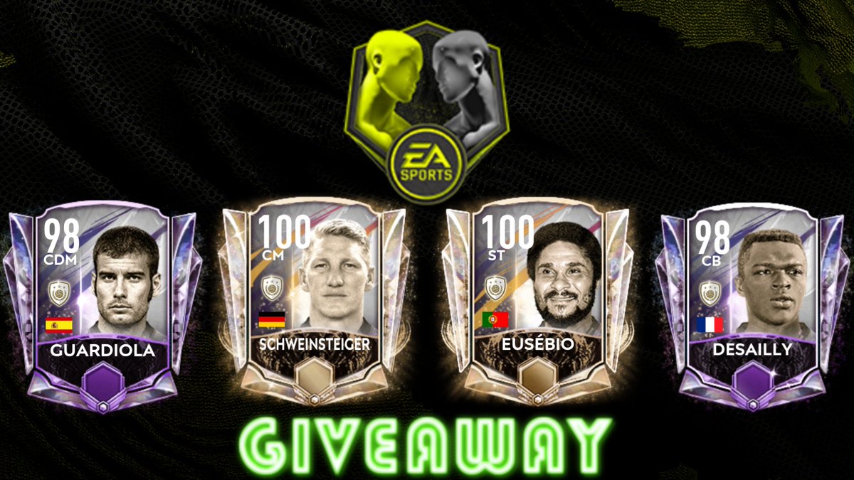 djmixfoo's tweet photo. Event icon player choice between Schweinsteiger, Eusebio, Guardiola and Desailly

To enter 
1. Retweet this tweet
2. Follow us and @EAFIFAMOBILE
3. Send SS of subscribe to my YT channel below 

Winner chosen 7PM UTC 5/9

Claiming Event Icon Guardiola ⤵️
 https://t.co/TP8C6BotTg https://t.co/ZXCQGj57TD