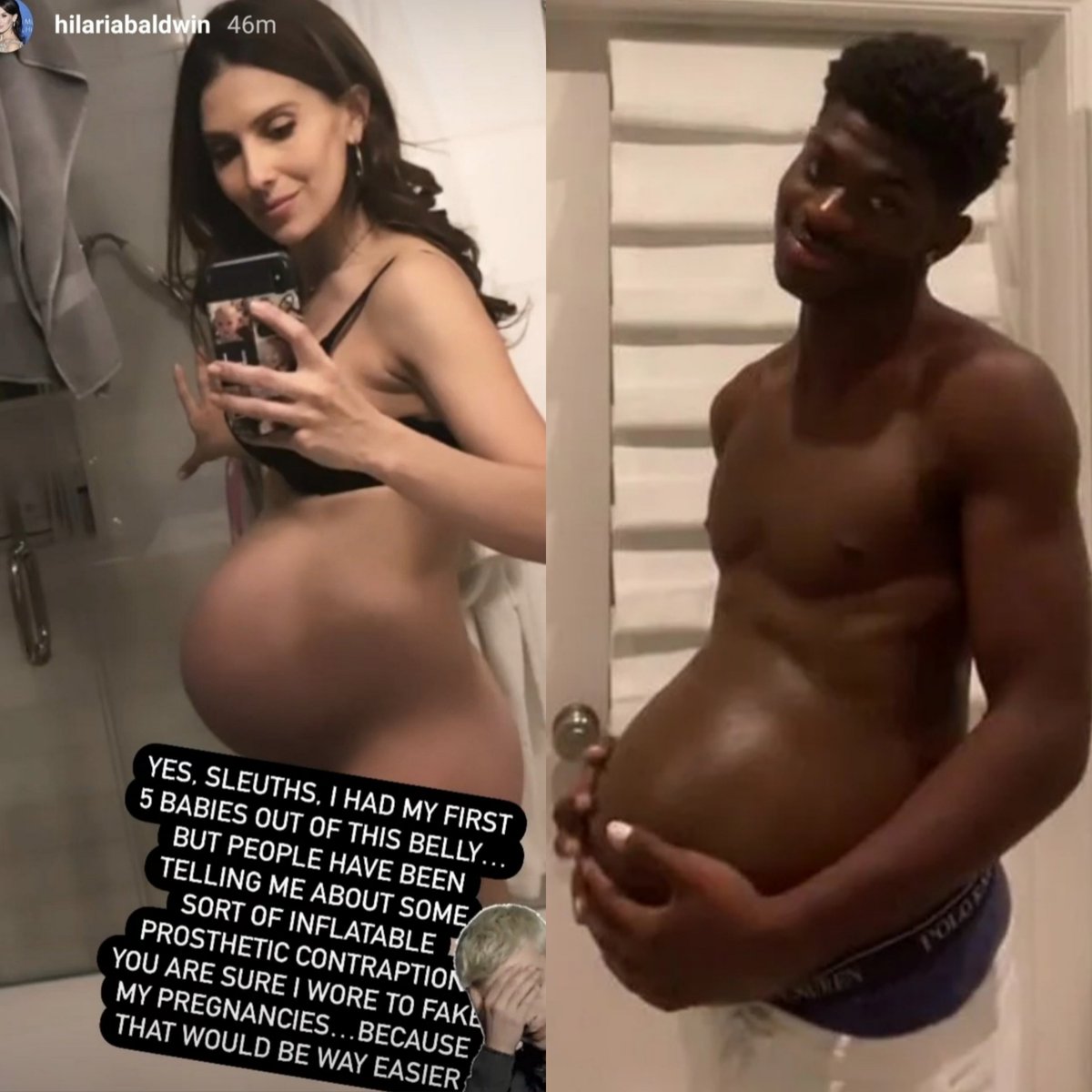 EstasExpuesto's tweet photo. Who wore it better?
#hilariabaldwin 
#LilNasX 
#bellygate
#moonbump
#fakedpregnancy https://t.co/GpMbReOAoi