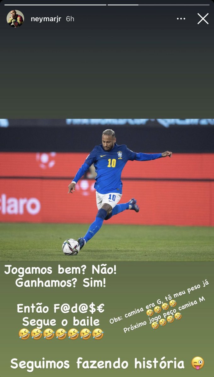 ActuFoot_'s tweet photo. Neymar répond sur les critiques sur son poids :

« Le maillot était du L. Je suis déjà sous mon poids. Au prochain match, je demande un maillot M. 🤣🤣🤣 » https://t.co/cuzbriHfQG