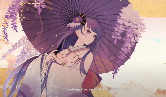 In the cutscene when Ei told us about her Eternity motive and I saw Yae in her fox form so I have an idea.
 " An Office Lady got home and playing with her Fox pet after a long and stressful day at work. She looks happy." 