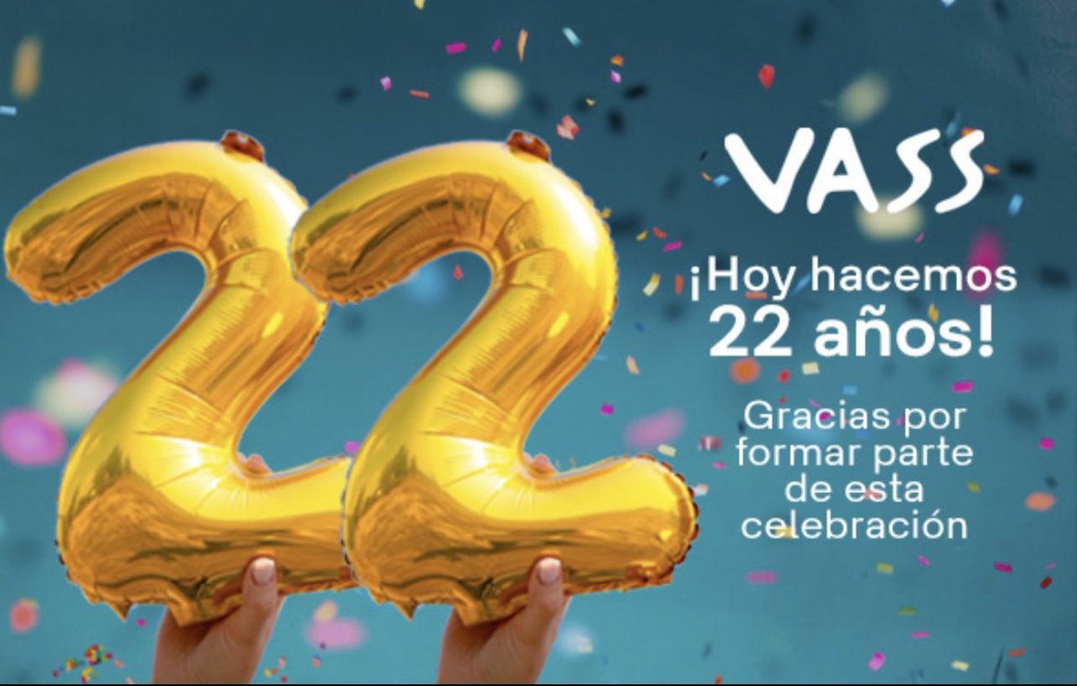 VASS_Company's tweet image. ¡Hoy cumplimos 22 años!🎂
Gracias por formar parte de esta celebración. ¡Por muchos más a vuestro lado!