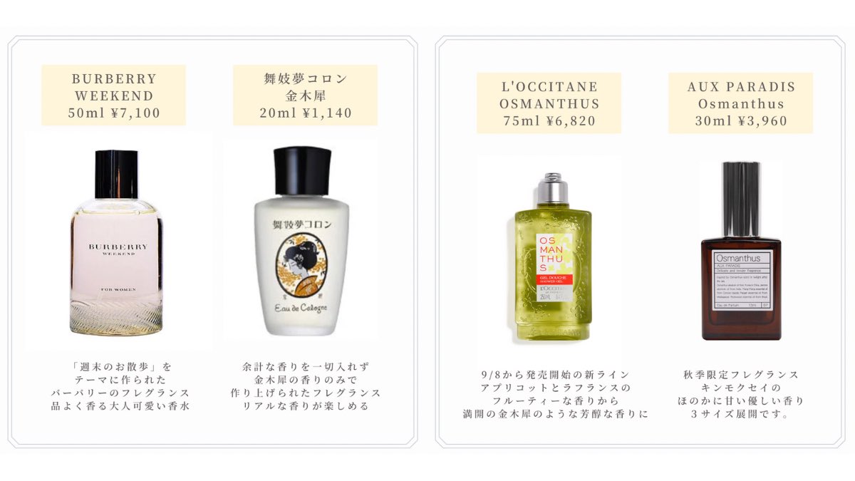 Fasme ファスミー 秋といえばこの香り 金木犀の香水まとめ Burberry Weekend 舞妓夢コロン 金木犀 L Occitane Osmanthus Aux Paradis Osmanthus うさぎ饅頭 練り香水 金木犀 Roger Gallet Fleur D Osmanthus Salvatore Ferragamo