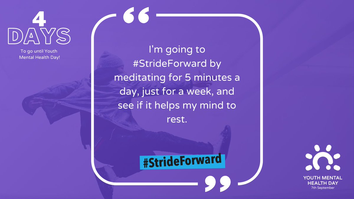 Just 4⃣ days to go now until Youth Mental Health Day on September 7th!☀️

Get ready to reflect on how the last year has impacted you, and come up with a personal goal to help you  #StrideForward towards positive mental health💜

Get Involved: ymhd.co.uk 

#YMHD