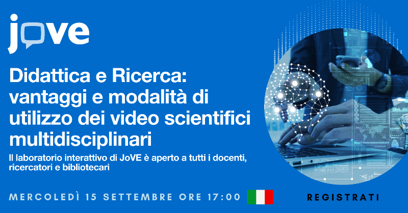 JoVEJournal's tweet photo. In vista dell’inizio del prossimo anno accademico, partecipa al laboratorio online di JoVE in cui discuteremo dei vantaggi dell’utilizzo dei video come strumento innovativo per supportare la didattica e i programmi di ricerca.