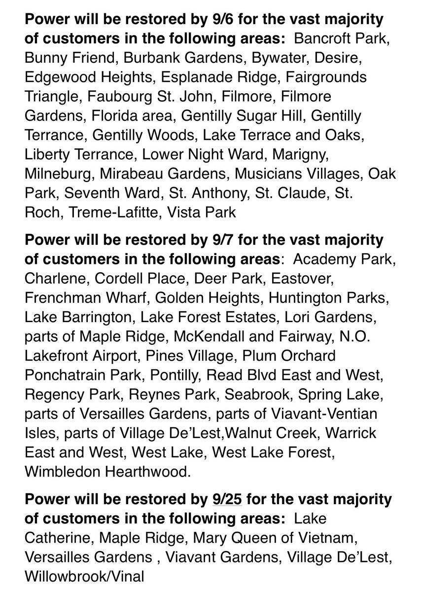 HelenaMorenoLA's tweet image. Here’s a more detailed doc with power restoration timeline for New Orleans neighborhoods from @EntergyNOLA 👇