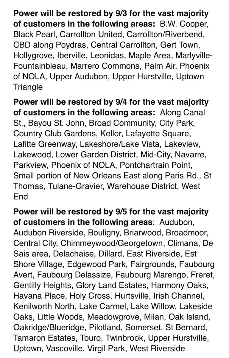 HelenaMorenoLA's tweet image. Here’s a more detailed doc with power restoration timeline for New Orleans neighborhoods from @EntergyNOLA 👇