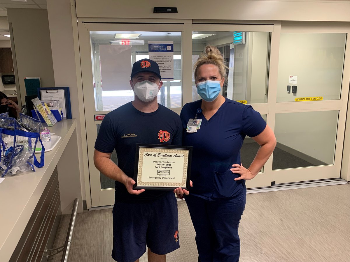 desotofd's tweet photo. Another uplifting post to share!  We are always proud and grateful when our firefighters/paramedics are formally recognized for what they do on a daily basis.  Save lives.  Medics Cord Langthorn and Manoj Sewal were given a "Care of Excellence Award" by Methodist Central. https://t.co/i90MSeM7IT